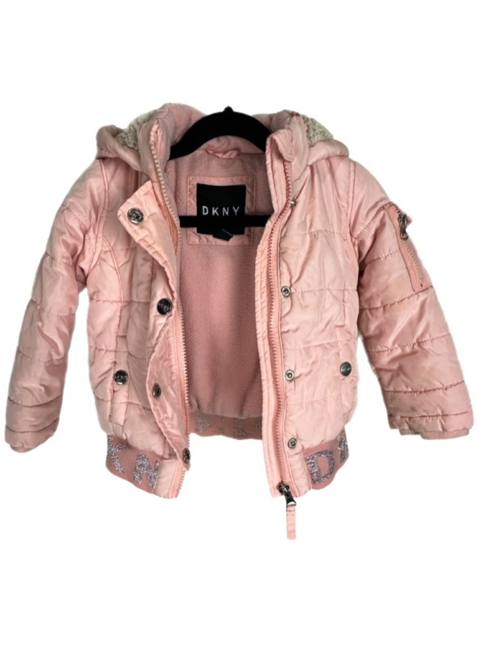 DKNY Girls 18M Pink Puffer Jacket Hooded Sherpa Lined Glitter Logo Winter Coat